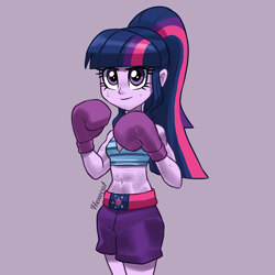 Size: 3000x3000 | Tagged: dead source, safe, artist:hexecat, imported from derpibooru, sci-twi, twilight sparkle, human, equestria girls, abs, belly, belly button, biceps, boxing, boxing gloves, clothes, female, fit, midriff, missing accessory, muscles, ponytail, raised arms, raised fist, shorts, slender, solo, sports, sports bra, sports panties, sweat, thin