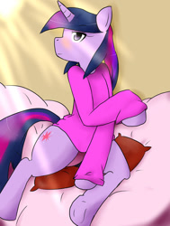 Size: 777x1029 | Tagged: safe, artist:arunescape, imported from derpibooru, twilight sparkle, unicorn, anatomically incorrect, blushing, clothes, crepuscular rays, horn, incorrect leg anatomy, morning, panties, solo, underwear