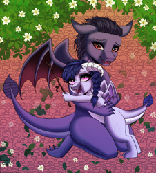 Size: 1804x2000 | Tagged: safe, artist:pearl123_art, imported from derpibooru, oc, dragon, fanfic:the lost element, braid, braided ponytail, brother and sister, cute, dragoness, fanfic art, female, hair, happy, hug, male, parent:oc, parent:princess ember, ponytail, siblings, stick