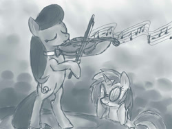 Size: 1400x1050 | Tagged: safe, artist:lostwolfen, imported from derpibooru, dj pon-3, octavia melody, vinyl scratch, earth pony, pony, unicorn, bipedal, comic, duo, eyes closed, female, horn, mare, monochrome, music, music notes, musical instrument, violin