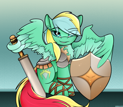 Size: 2313x2000 | Tagged: safe, artist:andaluce, imported from derpibooru, oc, oc only, oc:typh, pegasus, pony, armor, colored wings, countershading, eye clipping through hair, eyebrows, eyebrows visible through hair, guard, lidded eyes, looking at you, male, roman, shield, solo, spread wings, stallion, sword, two toned wings, weapon, wing hands, wing hold, wings