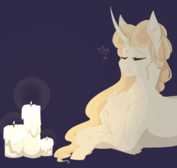 Size: 1200x1144 | Tagged: safe, artist:pixelberrry, imported from derpibooru, oc, oc only, pony, unicorn, animated, candle, chest fluff, female, gif, horn, leg fluff, lying down, mare, prone, solo