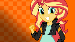 Size: 3840x2160 | Tagged: safe, artist:octosquish7260, imported from derpibooru, sunset shimmer, human, equestria girls, checkered background, female, gradient background, smiling, solo, wallpaper
