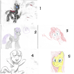 Size: 1500x1500 | Tagged: safe, artist:mightyshockwave, imported from derpibooru, fluttershy, maud pie, pinkie pie, sweetie belle, oc, oc:coxa, alternate hairstyle, traditional art
