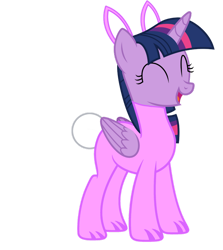 Size: 828x927 | Tagged: safe, artist:lizzmcclin, imported from derpibooru, twilight sparkle, alicorn, pony, ^^, animal costume, bunny costume, bunny ears, clothes, costume, eyes closed, female, open mouth, open smile, simple background, smiling, solo, transparent background, twilight sparkle (alicorn)