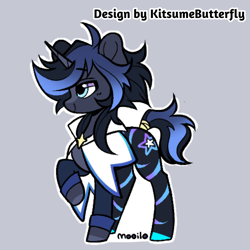 Size: 1000x1000 | Tagged: safe, artist:tresmariasarts, imported from derpibooru, oc, oc only, oc:onyx star, bat pony, bat pony unicorn, hybrid, pony, unicorn, bat eyes, bat pony oc, bat wings, cloak, clothes, colored hooves, colorful, fangs, gradient mane, gradient tail, gray background, heterochromia, horn, hybrid oc, leg stripes, male, simple background, smiling, solo, stallion, stars, stripes, tail, wings
