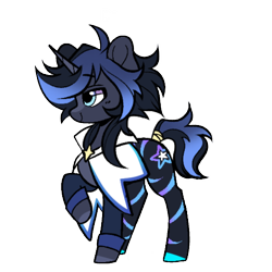 Size: 1000x1000 | Tagged: safe, artist:tresmariasarts, imported from derpibooru, oc, oc only, oc:onyx star, bat pony, bat pony unicorn, hybrid, pony, unicorn, bat eyes, bat pony oc, bat wings, cloak, clothes, colored hooves, colorful, fangs, gradient mane, gradient tail, heterochromia, horn, hybrid oc, leg stripes, male, simple background, smiling, solo, stallion, stars, stripes, tail, transparent background, wings