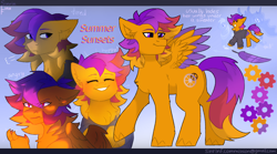 Size: 2700x1500 | Tagged: safe, artist:sinrinf, imported from derpibooru, oc, oc only, oc:summer sunsets, pegasus, pony, angry, bust, claws, clothes, commission, emotions, feather, female, full body, gears, mare, portrait, reference sheet, smiling, solo, spread wings, sweater, wings, ych result