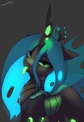 Size: 2000x2900 | Tagged: safe, artist:skitsroom, imported from derpibooru, queen chrysalis, changeling, changeling queen, bedroom eyes, eye clipping through hair, female, glowing, glowing tongue, gray background, high res, looking at you, simple background, solo, tongue out