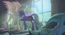 Size: 2611x1411 | Tagged: safe, artist:raylakm, imported from derpibooru, princess celestia, princess luna, alicorn, pony, friendship is magic, season 1, blue mane, blue tail, butt, castle of the royal pony sisters, commission, crepuscular rays, crown, crying, digital art, dock, duo, duo female, emotional, ethereal mane, ethereal tail, eyes closed, feather, female, folded wings, gem, helmet, hoof shoes, horn, hug, jewelry, looking at each other, looking at someone, mare, peytral, plot, regalia, reunion, sad, scene interpretation, sibling love, signature, sisterly love, spread wings, sunlight, sunrise, tail, teary eyes, window, wings