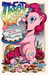 Size: 432x672 | Tagged: safe, artist:andypriceart, imported from derpibooru, pinkie pie, earth pony, pony, belly, cake, candy, cookie, cookie jar, cupcake, dialogue, english, female, food, lollipop, looking at you, mare, open mouth, round belly, sitting, traditional art, volumetric mouth, yelling