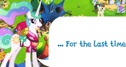 Size: 872x464 | Tagged: safe, imported from derpibooru, princess celestia, alicorn, pony, bag, bittersweet (g4), clothes, cropped, dialogue, dialogue box, english, female, folded wings, game screencap, gameloft, horn, implied threat, looking at you, mare, meme, mobile game, my little pony: magic princess, open mouth, open smile, ponytail, shirt, smiling, smiling at you, solo, speech bubble, text, threat, threatening, wings, wow! glimmer