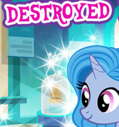 Size: 370x395 | Tagged: safe, idw, imported from derpibooru, pony, unicorn, cropped, destroyed, english, female, gameloft, horn, idw showified, mare, meme, mobile game, my little pony: magic princess, primary source, solo, text, wow! glimmer