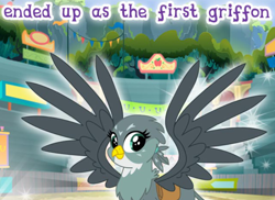 Size: 824x599 | Tagged: safe, imported from derpibooru, gabby, griffon, cropped, english, female, gameloft, looking at you, meme, mobile game, my little pony: magic princess, solo, spread wings, text, wings, wow! glimmer, wrong