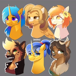 Size: 4096x4096 | Tagged: safe, artist:poxy_boxy, imported from derpibooru, oc, oc only, oc:thursday, deer, earth pony, pegasus, pony, unicorn, blaze (coat marking), bust, clothes, coat markings, deer oc, eye clipping through hair, eyebrows, eyebrows visible through hair, facial markings, female, flower, flower in hair, glasses, gray background, horn, jacket, male, mare, non-pony oc, signature, simple background, stallion, sunflower, unusual pupils