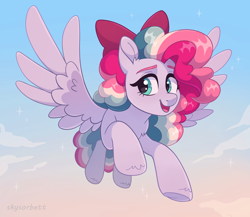 Size: 2090x1817 | Tagged: safe, artist:skysorbett, imported from derpibooru, oc, oc only, oc:sky sorbet, pegasus, pony, bow, cloud, curly hair, curly mane, female, flying, hair bow, looking at you, mare, multicolored hair, multicolored mane, open mouth, sky, smiling, smiling at you, solo, spread wings, wings