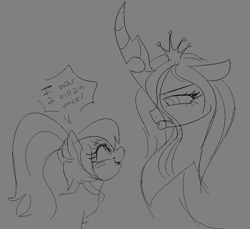 Size: 991x907 | Tagged: safe, artist:nyansockz, imported from derpibooru, queen chrysalis, sonata dusk, changeling, changeling queen, pony, dialogue, female, frown, happy, looking at each other, looking at someone, mare, open mouth, open smile, ponified, sketch, smiling, unamused
