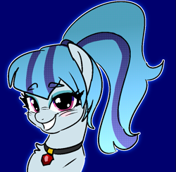 Size: 773x755 | Tagged: safe, artist:nyansockz, imported from derpibooru, sonata dusk, pony, blue background, choker, eyebrows, eyebrows visible through hair, female, grin, looking at you, mare, ponified, simple background, smiling, smiling at you, solo