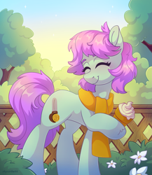 Size: 1817x2090 | Tagged: safe, artist:skysorbett, imported from derpibooru, oc, oc only, oc:sherbet, earth pony, pony, clothes, eyes closed, female, fence, flower, food, garden, ice cream, mare, scarf, smiling, solo, tree