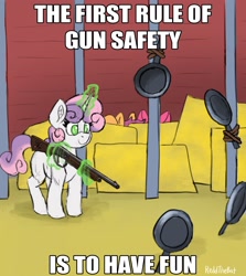 Size: 2195x2465 | Tagged: safe, artist:reddthebat, imported from derpibooru, apple bloom, scootaloo, sweetie belle, earth pony, pegasus, pony, unicorn, barn, blank flank, cutie mark crusaders, english, female, filly, foal, frying pan, gun, gun safety, hiding, horn, levitation, magic, ponies with guns, rifle, smiling, solo focus, telekinesis, text, this will end in death, this will end in tears, this will end in tears and/or death and/or covered in tree sap, trio, weapon