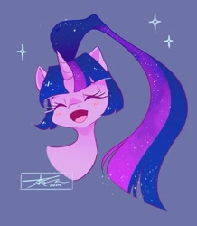 Size: 917x1051 | Tagged: safe, artist:mindlessnik, imported from derpibooru, twilight sparkle, pony, unicorn, alternate hairstyle, blue background, cute, ethereal mane, eyes closed, female, horn, mare, open mouth, open smile, ponytail, simple background, smiling, solo, sparkles, starry mane, twiabetes, unicorn twilight
