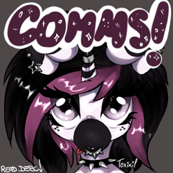 Size: 2048x2048 | Tagged: safe, artist:toxikil, imported from derpibooru, oc, oc:blitz chord, pony, unicorn, advertisement, choker, commission, commission info, commission open, ear piercing, earring, emo, horn, horn ring, jewelry, makeup, piercing, ring, scene, simple background, solo, spikes, tongue out, wingding eyes