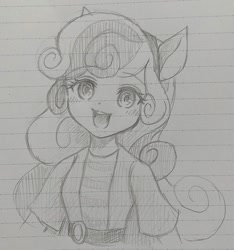 Size: 1080x1152 | Tagged: safe, artist:namaenonaipony, imported from derpibooru, sweetie belle, equestria girls, cat ears, cute, diasweetes, female, headband, lined paper, long hair, monochrome, open mouth, sketch, solo, traditional art, twitter link