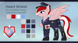 Size: 2700x1500 | Tagged: safe, artist:sinrinf, imported from derpibooru, oc, oc only, oc:heart shield, pegasus, pony, clothes, commission, female, gradient background, mare, medic, military pony, military uniform, night guard, reference sheet, solo, spread wings, uniform, wings, ych result
