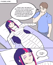 Size: 1300x1600 | Tagged: safe, artist:alexicoreborn, imported from derpibooru, twilight sparkle, human, bandage, bed, big breasts, body cast, breasts, busty twilight sparkle, crying, eyes closed, gray background, hospital bed, humanized, injured, simple background, tears of joy, tears of pain, translation, unnamed character