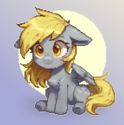 Size: 908x911 | Tagged: safe, artist:adorablebluefox, imported from derpibooru, derpy hooves, pegasus, pony, chest fluff, cute, derpabetes, female, floppy ears, gradient background, mare, pixel art, sitting, smiling, solo, underhoof