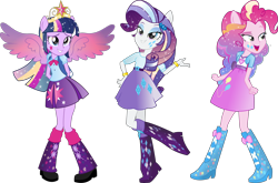 Size: 9854x6500 | Tagged: safe, imported from derpibooru, pinkie pie, rarity, twilight sparkle, equestria girls, big crown thingy, boots, clothes, element of magic, high heel boots, jewelry, ponied up, regalia, shoes, simple background, transparent background, vector