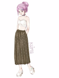 Size: 3000x4000 | Tagged: safe, artist:kirrts, imported from derpibooru, fluttershy, human, breasts, choker, clothes, ear piercing, earring, eyeshadow, female, hair bun, high heels, humanized, jewelry, makeup, midriff, piercing, shoes, short shirt, simple background, skirt, solo, white background