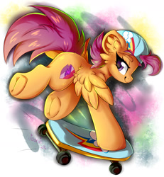 Size: 1600x1734 | Tagged: safe, artist:woonborg, imported from derpibooru, scootaloo, pegasus, pony, cutie mark, ear fluff, frog (hoof), helmet, skateboard, skating, solo, tail, the cmc's cutie marks, underhoof