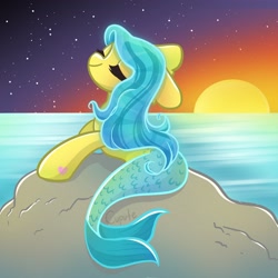 Size: 2048x2048 | Tagged: safe, artist:cupute, imported from derpibooru, anchors away, merpony, blue mane, eyes closed, fish tail, flowing tail, g3, ocean, scales, scenery, solo, sunset, tail, water, yellow coat