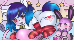 Size: 620x334 | Tagged: safe, artist:anykoe, imported from derpibooru, oc, oc:anykoe, earth pony, rabbit, adorasexy, animal, bed, bedroom, blushing, bowtie, clothes, coll, cute, female, floating heart, heart, jingle bells, light skin, looking at you, multicolored hair, pillow, plushie, sexy, socks, solo, stars, striped socks, tongue out