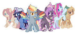 Size: 1024x452 | Tagged: safe, artist:meimisuki, artist:tersisa, imported from derpibooru, applejack, fluttershy, pinkie pie, rainbow dash, rarity, twilight sparkle, alicorn, earth pony, pegasus, unicorn, base used, braid, clothes, coat markings, colored wings, crown, female, horn, horn ring, jewelry, mane six, mare, peytral, redesign, regalia, ring, simple background, transparent background, wings