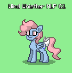 Size: 505x511 | Tagged: safe, imported from derpibooru, wind whistler, pegasus, pony, pony town, bow, female, folded wings, g1, g1 to g4, g4, generation leap, green background, pixel art, simple background, smiling, solo, standing, tail, tail bow, wings