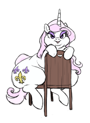 Size: 808x1095 | Tagged: safe, artist:mellowhen, artist:polofastter, imported from derpibooru, fleur-de-lis, pony, unicorn, chair, chubby cheeks, double chin, fat, fleur dis lourde, horn, simple background, solo, transparent background