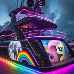 Size: 1024x1024 | Tagged: safe, imported from derpibooru, fluttershy, neon lights, rising star, pegasus, ai content, ai generated, generator:dall-e 3, moon, photo, rainbow, sunset, yacht