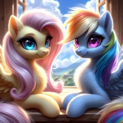 Size: 1024x1024 | Tagged: safe, imported from ponybooru, fluttershy, rainbow dash, pegasus, pony, ai content, ai generated, bing, duo, female, fluffy, looking at you, mare, smiling, smiling at you, window