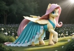 Size: 1216x832 | Tagged: safe, imported from ponybooru, fluttershy, pegasus, pony, ai content, ai generated, clothes, cutie mark, cutie mark on clothes, dress, female, flower, folded wings, generator:everclear pny by zovya, grass, mare, solo, tree, unshorn fetlocks, wings