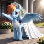 Size: 1024x1024 | Tagged: safe, imported from ponybooru, rainbow dash, pegasus, pony, ai content, ai generated, clothes, dress, female, flower, generator:everclear pny by zovya, looking at you, mare, solo, spread wings, unshorn fetlocks, veil, wedding dress, wedding veil, wings