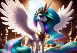 Size: 1216x832 | Tagged: safe, imported from ponybooru, princess celestia, alicorn, pony, ai content, ai generated, canterlot, feather, feathered wings, female, generator:pony diffusion v6 xl, jewelry, long tail, looking at you, mare, regalia, shadow, solo, spread wings, sun, wings
