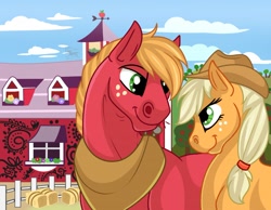 Size: 1280x993 | Tagged: safe, artist:jenery, applejack, big macintosh, earth pony, pony, barn, brother and sister, cowboy hat, duo, female, freckles, hat, hay bale, horse collar, looking at each other, male, mare, siblings, stallion, stetson, sweet apple acres
