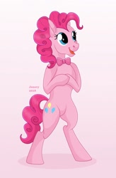 Size: 840x1280 | Tagged: safe, artist:jenery, pinkie pie, earth pony, pony, semi-anthro, bipedal, bowtie, female, mare, open mouth, solo