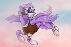 Size: 1280x840 | Tagged: safe, artist:jenery, oc, oc only, pegasus, pony, blaze (coat marking), clothes, coat, flying, goggles, solo, spread wings, watch, wings, wristwatch