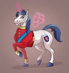 Size: 1202x1280 | Tagged: safe, artist:jenery, shining armor, pony, unicorn, clothes, heart, hoers, horn, magic, male, raised hoof, solo, stallion, uniform