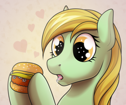 Size: 3000x2500 | Tagged: safe, artist:jenery, oc, oc only, earth pony, pony, burger, female, food, heart, hungry, mare, salivating, solo