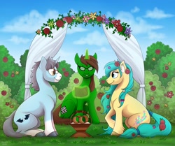 Size: 1280x1071 | Tagged: safe, artist:jenery, oc, oc only, oc:alas negras, oc:night green, earth pony, pony, unicorn, book, ear fluff, female, flower, flower in hair, flower in tail, glasses, looking at each other, magic, male, mare, marriage, sitting, stallion, telekinesis, wedding