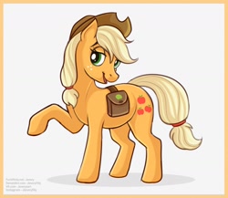 Size: 1280x1110 | Tagged: safe, artist:jenery, applejack, earth pony, pony, bag, cowboy hat, female, freckles, hat, mare, open mouth, raised leg, saddle bag, simple background, solo, stetson, white background